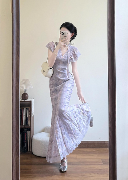 Elegant V-line Lace Hem Mermaid Long Dress Seaside Date Dress Women Summer Skirt D1944