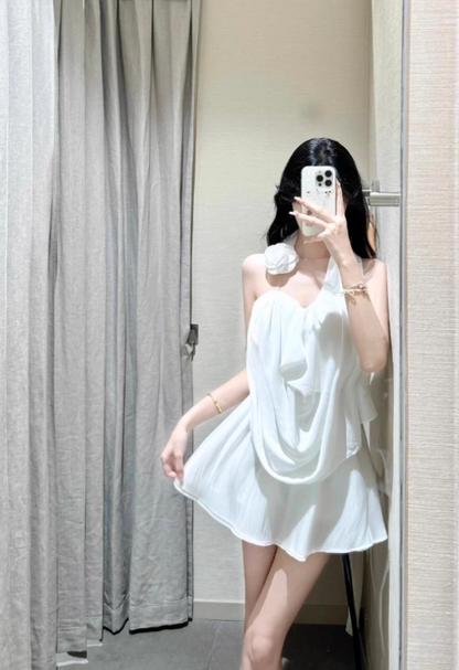 Elegant White Halter Pleated Ruffle Dress Seaside Date Dress Women Summer Short Skirt D1945