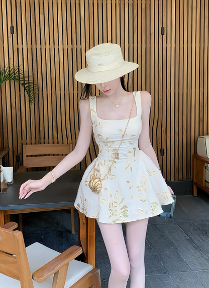 Elegant Spaghetti Straps A Line Printing Pleated Casual Short Vacation Dress Women Summer Date Dress D1961