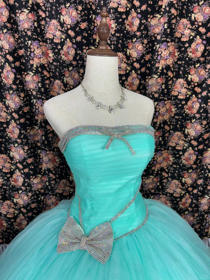 Sweet Strapless Bowknot Rhinestone Tulle Ball Gown Quinceanera Dress Party Prom Dress D1983