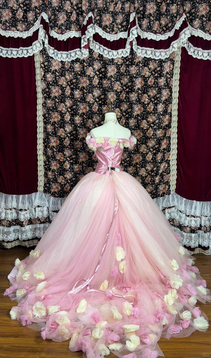 Sweet Strapless Flower Pleated Tulle Ball Gown Birthday Dress Quinceanera Dress Prom Dress Evening Dress D1986