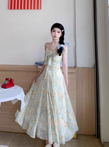 Versatile Spaghetti Straps Lace Neck Lace up Floral Pleated Maxi Dress Women Summer Vacation Dress D2003
