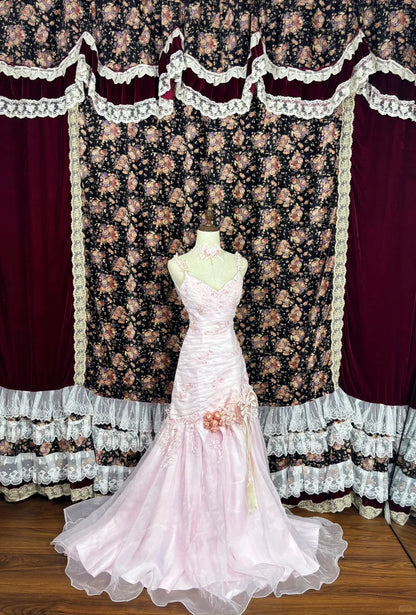 Sweet Spaghetti Straps Embroidered Flower Pleated Tulle Ruffle Prom Dress Birthday Party Dress Quinceanera Dress Evening Dress D2007