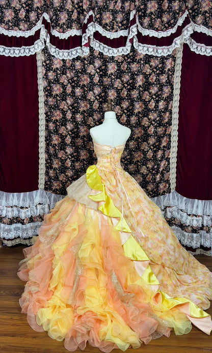 Sweet Asymmetrical Neck Floral Pearl Crystal Ruffle Tiered Ball Gown Princess Dress Quinceanera Dress Prom Dress Evening Dress  D2014