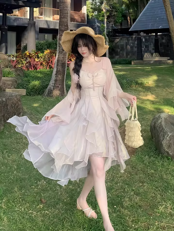 Vacation Spaghetti Straps Pleated Ruffle Asymmetrical Hem Short Skirt Women Summer Dress   D2016