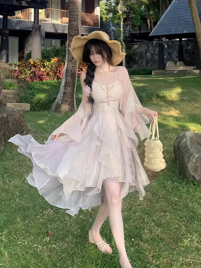 Vacation Spaghetti Straps Pleated Ruffle Asymmetrical Hem Short Skirt Women Summer Dress   D2016