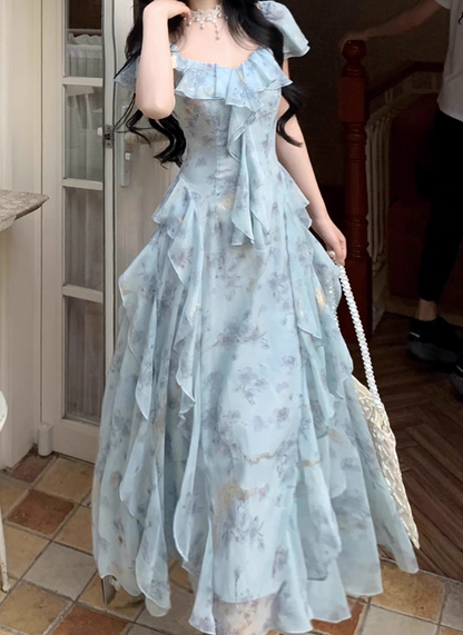 Vacation Square Neck Printing Floral Ruffle Maxi Skirt Women Dress Summer Seaside Dress    D2017