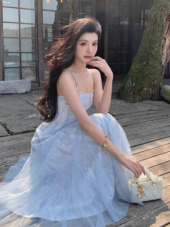 Vacation A Line Spaghetti Straps Printing Tulle Maxi Skirt Women Dress Summer Seaside Dress     D2018