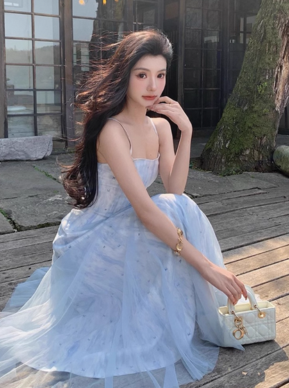 Vacation A Line Spaghetti Straps Printing Tulle Maxi Skirt Women Dress Summer Seaside Dress     D2018