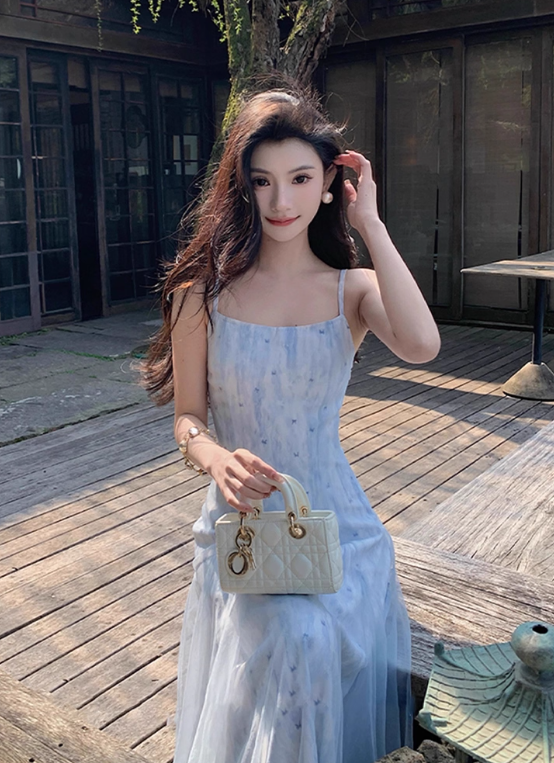 Vacation A Line Spaghetti Straps Printing Tulle Maxi Skirt Women Dress Summer Seaside Dress     D2018
