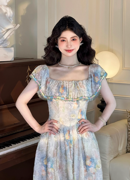 Vintage Oil painting A Line Square Neck Print Pleated  Maxi Skirt Women Dress Summer Date Dress    D2022