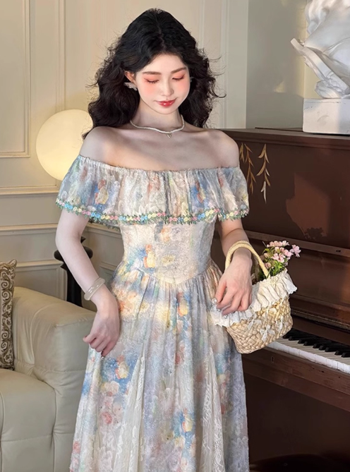 Vintage Oil painting A Line Square Neck Print Pleated  Maxi Skirt Women Dress Summer Date Dress    D2022