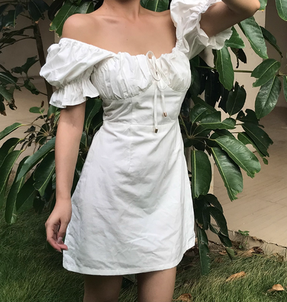 Minimalist Square Neck White Puffed Sleeves Short Skirt Casual Summer Women Dress    D2023