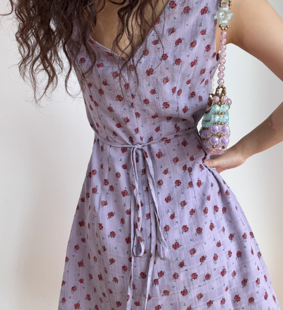 Vintage V-neck Printing Floral Lace up Short Skirt Summer Women Date Dress   D2024