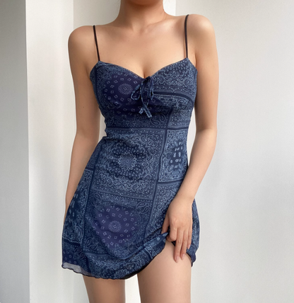 Vacation Spaghetti Straps Print Tulle Short Skirt Summer Seaside Dress Women Date Dress  D2052
