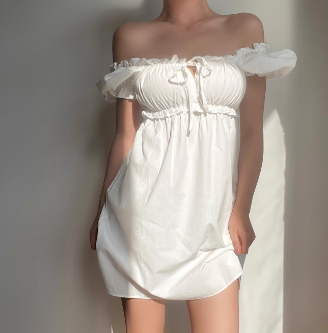 Casual Off the Shoulder Puffed Sleeves Pleated Short Skirt Women Summer Dress Vacation Dress  D2053