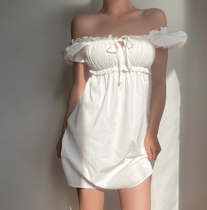Casual Off the Shoulder Puffed Sleeves Pleated Short Skirt Women Summer Dress Vacation Dress  D2053
