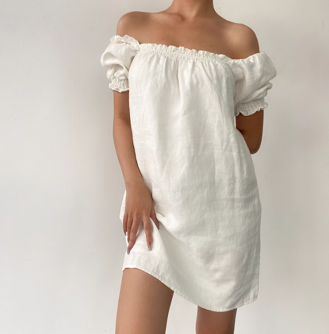 Versatile Off the Shoulder Puffed Sleeves Short Skirt Women Dress Summer Date Dress  D2057