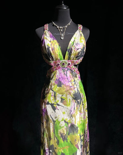Beauty Spaghetti Straps Print Floral Backless Mermaid Prom Dress Evening Dress   D2118