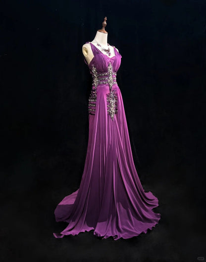 Vintage Crystal Pleated Floor Length Prom Dress Evening Dress Birthday Dress Gala Dress   D2122