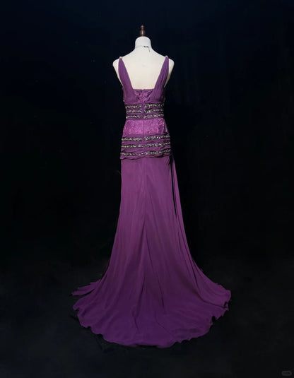 Vintage Crystal Pleated Floor Length Prom Dress Evening Dress Birthday Dress Gala Dress   D2122