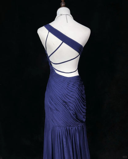 Beauty Asymmetrical Shoulder Pleated Backless Prom Dress Evening Dress Party Dress  D2133