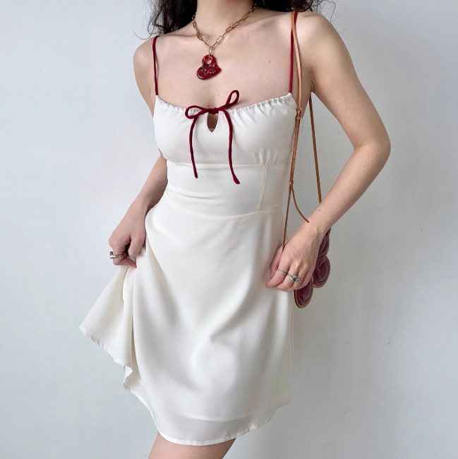 Versatile A Line Spaghetti Straps Lace up Short Skirt Summer Vacation Dress Women Teenage Girl Dress   D2156