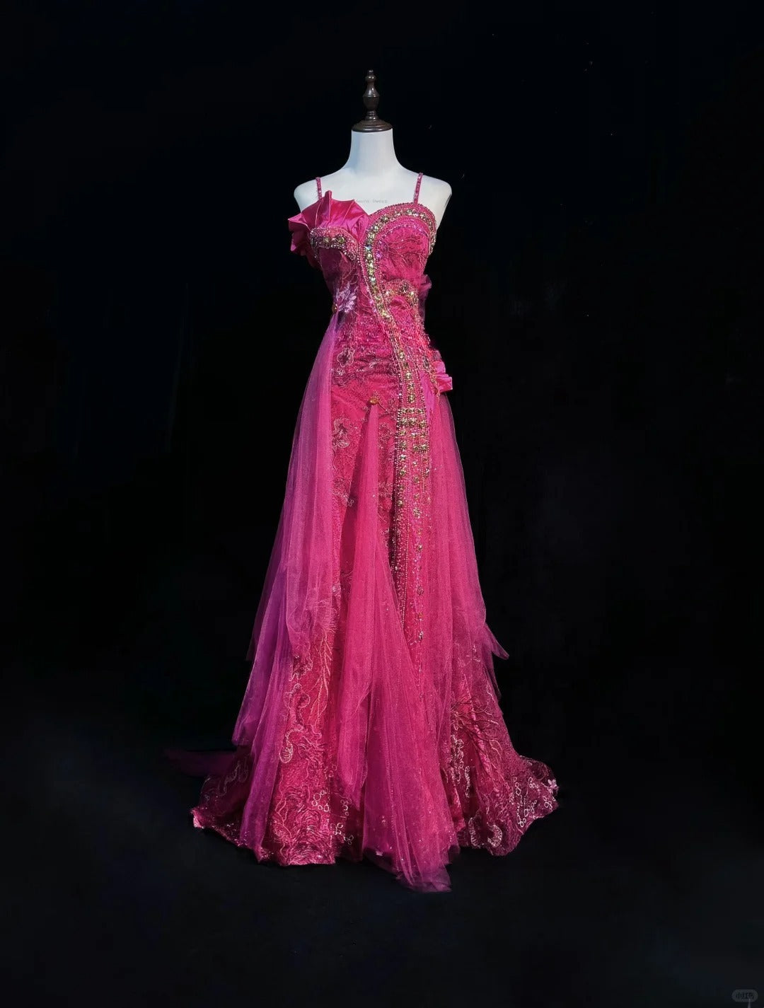 Gorgeous Spaghetti Straps Crystal Sequins Tulle Floor Length Gown Prom Dress Evening Dress  D2159
