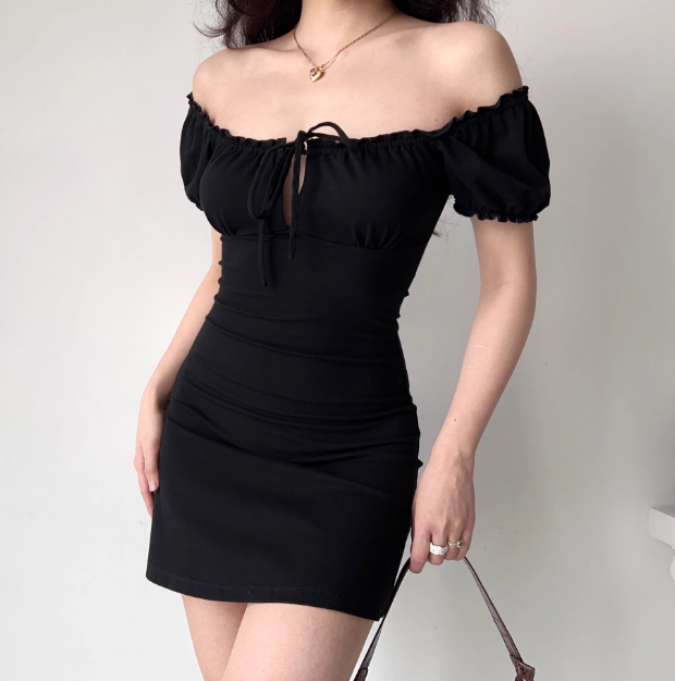 Casual Black Square Neck Lace-up Ruffle Short Date Skirt Women Teenage Girl Summer Vacation Dress   D2172