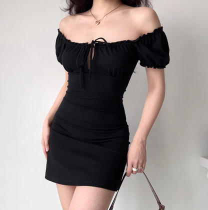 Casual Black Square Neck Lace-up Ruffle Short Date Skirt Women Teenage Girl Summer Vacation Dress   D2172