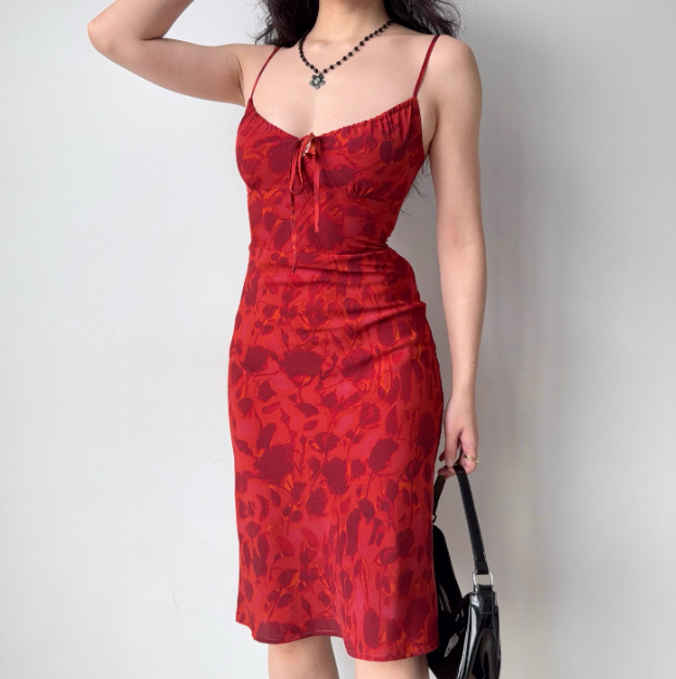 Vacation Spaghetti Straps Lace-up Print Short Date Skirt Women Teenage Girl Summer Seaside Dress   D2173