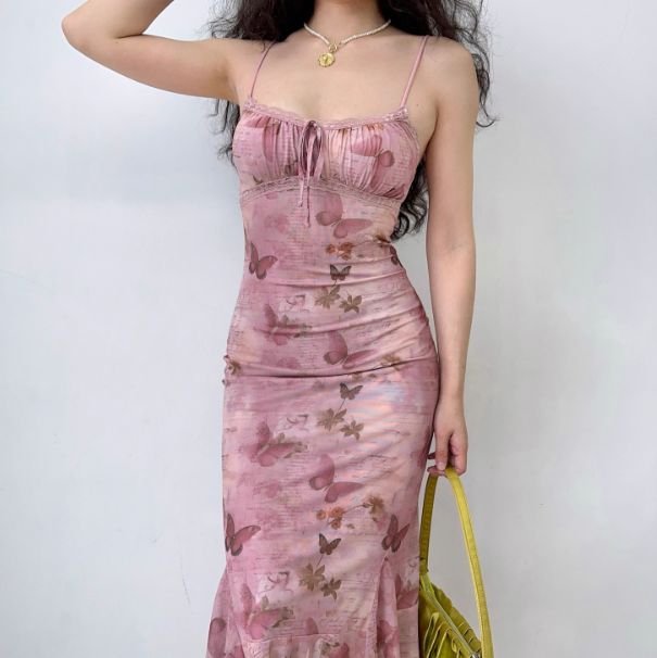 Beauty Spaghetti Straps Asymmetrical Hem Print Butterfly Skirt Women Teenage Girl Summer Date Dress Vacation Dress   D2179