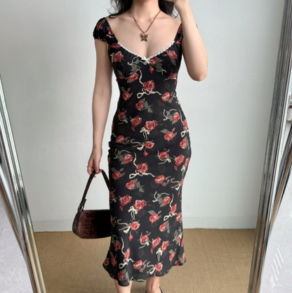 Vacation Print Rose Fitted Skirt Women Teenage Girl Summer Date Dress Seaside Dress   D2179