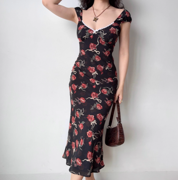 Vacation Print Rose Fitted Skirt Women Teenage Girl Summer Date Dress Seaside Dress   D2179