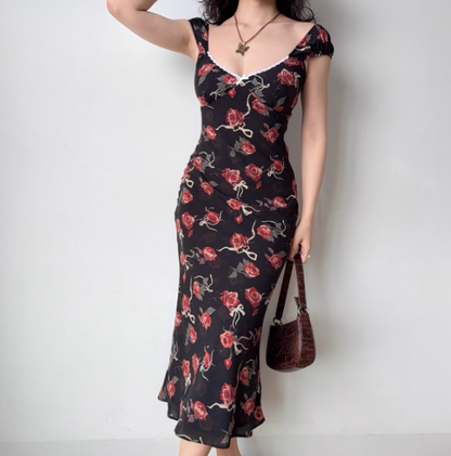 Vacation Print Rose Fitted Skirt Women Teenage Girl Summer Date Dress Seaside Dress   D2179