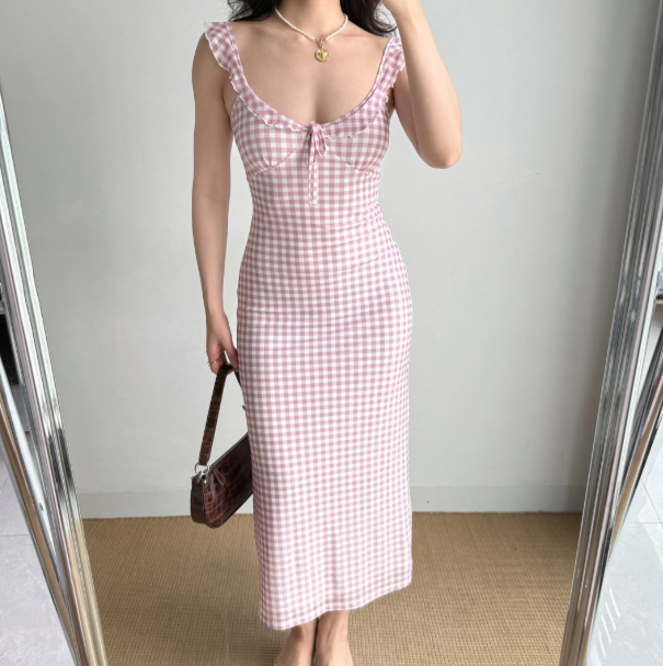 Sweet Ruffle Straps Pink Checkered Lace up Teenage Girl Women Summer Date Dress Seaside Dress  D2189