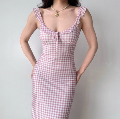 Sweet Ruffle Straps Pink Checkered Lace up Teenage Girl Women Summer Date Dress Seaside Dress  D2189