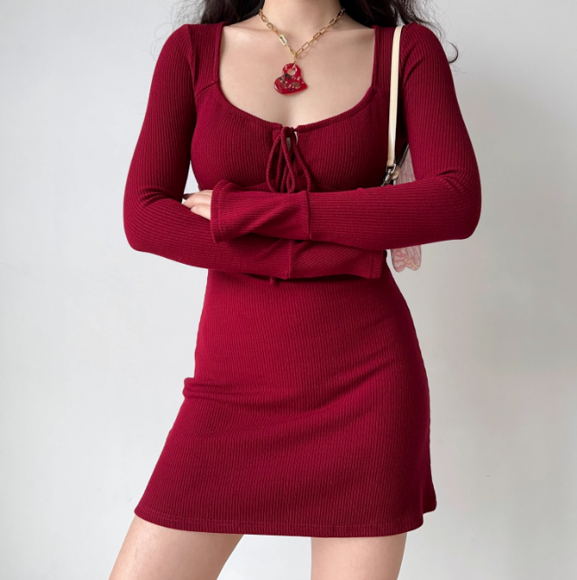 Versatile Square Neckline Long Sleeves Fitted Short Skirt Women Teeage Girl Dress  D2204