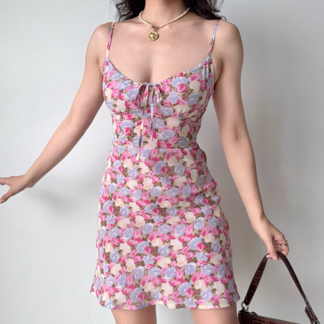 Vacation A Line Spaghetti Straps Print Short Skirt Women Teenage Girl Summer Date Dress  D2211