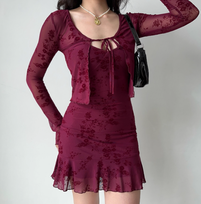 Vintage Print Two-piece Set Short Skirt Women Summer Vacation Date Dress  D2218