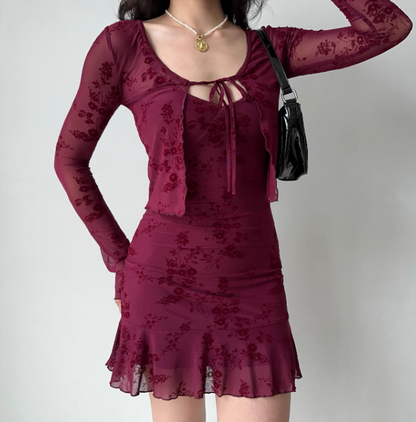 Vintage Print Two-piece Set Short Skirt Women Summer Vacation Date Dress  D2218