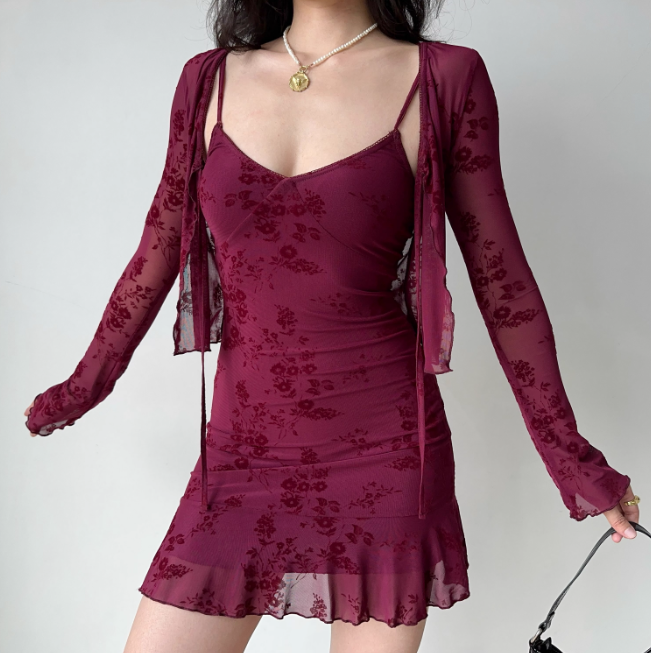 Vintage Print Two-piece Set Short Skirt Women Summer Vacation Date Dress  D2218