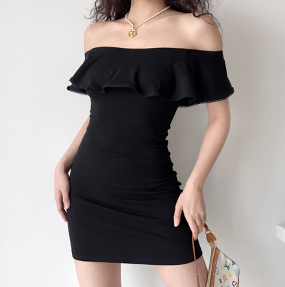 Minimalist Black Off the Shoulder Ruffle Short Fitted Skirt Women Summer Vacation Date Dress D2220