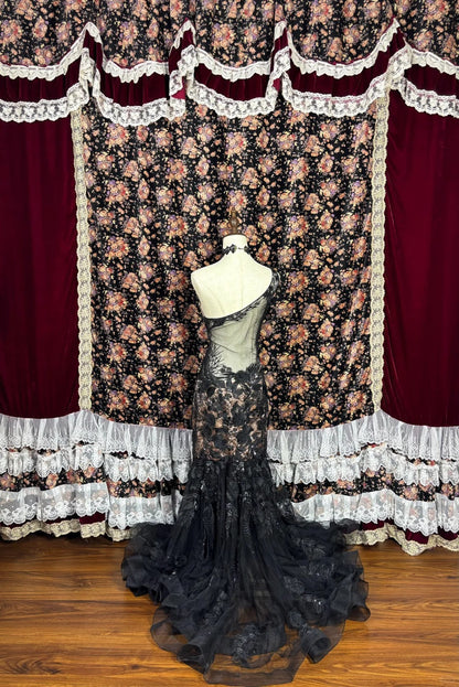 Gorgeous Black Asymmetrical Shoulder Embroidered Flower Floor Length Prom Dress Evening Dress Party Dress   D2227