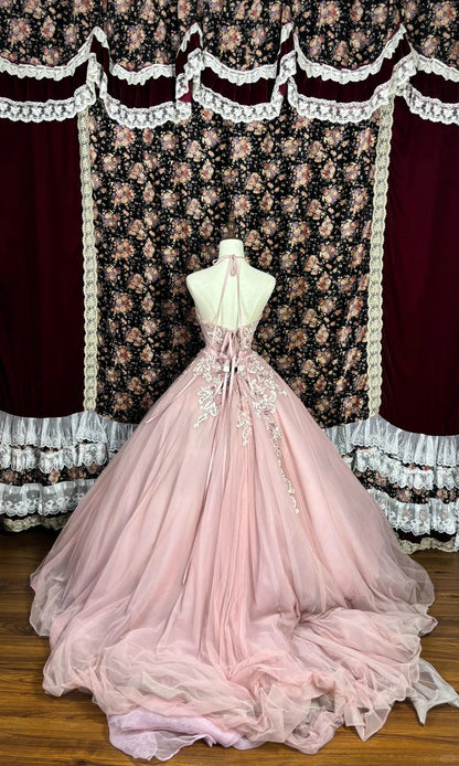Sweet Halter Appliques Beading Tulle Ball Gown Long Prom Dress Evening Dress    D2231