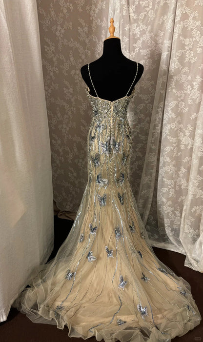 Elegant Spaghetti Straps Sequins Pearl Long Prom Dress Evening Dress Gala Dress D2237