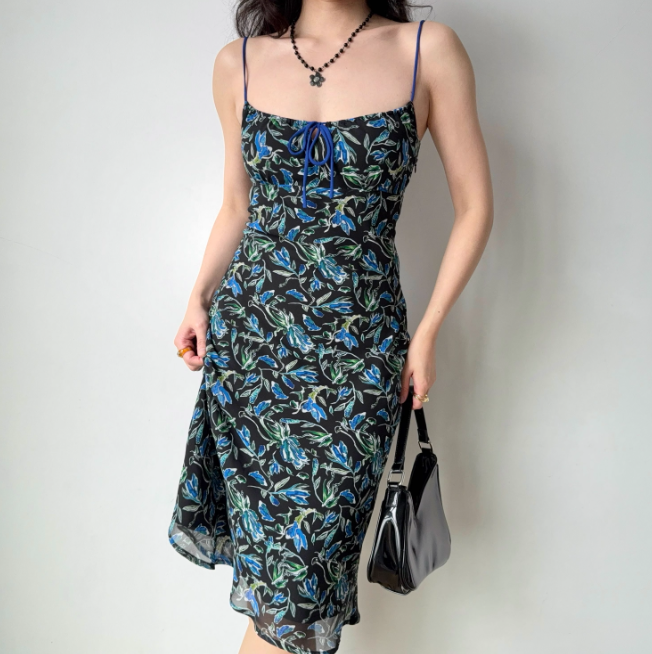 Elegant Vacation Dress Spaghetti Straps Print Women Summer Seaside Dress Teenage Girl Date Dress  D2260