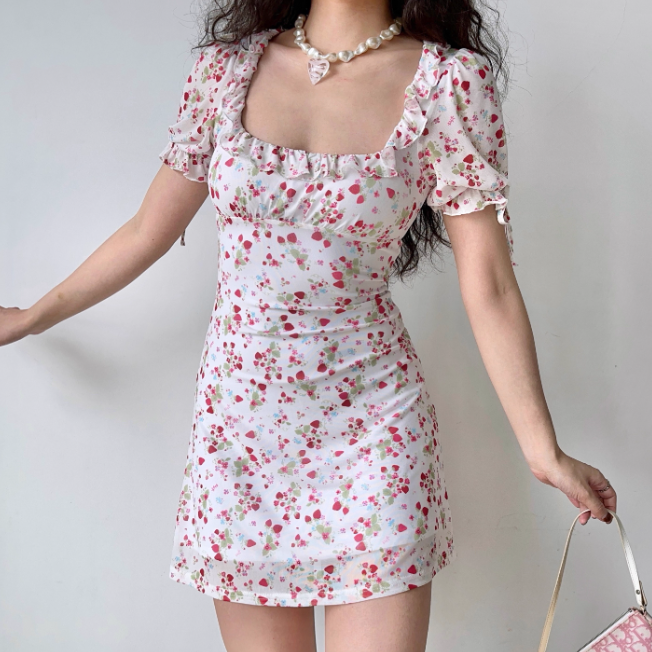 Sweet Women Dress Square Neck Print Ruffle Summer Vacation Seaside Dress Teenage Girl Date Dress  D2264
