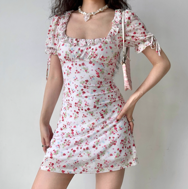 Sweet Women Dress Square Neck Print Ruffle Summer Vacation Seaside Dress Teenage Girl Date Dress  D2264