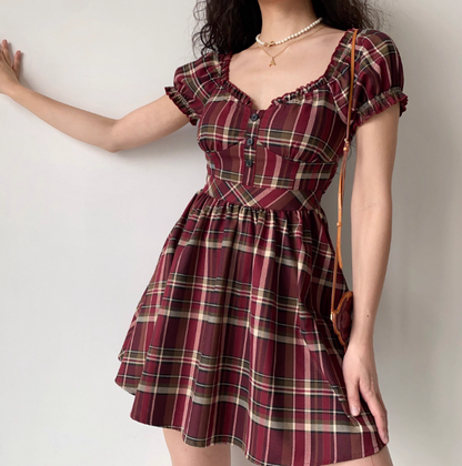 Casual Checkered Dress A Line Off the Shouler Short Skirt Women Teenage Girl Dress  D2269